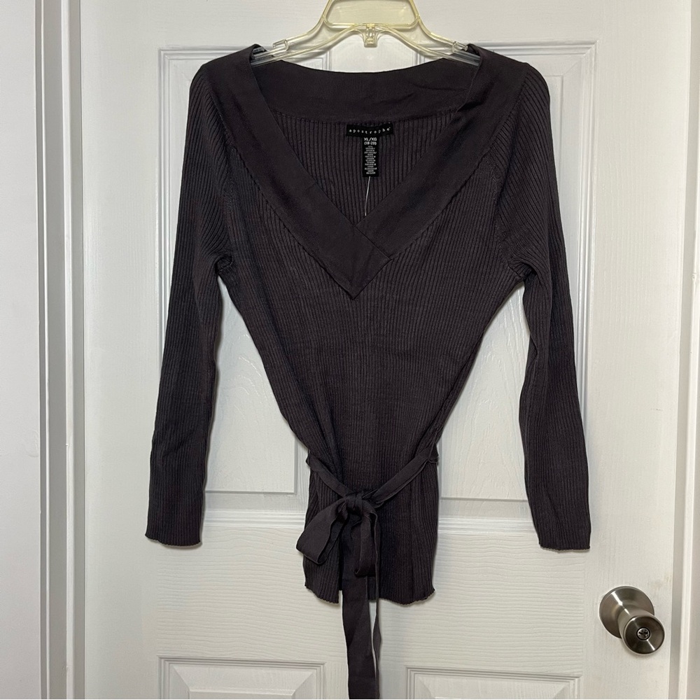 Apostrophe NWT Charcoal V-Neck Sweater with self Removable Sash Belt